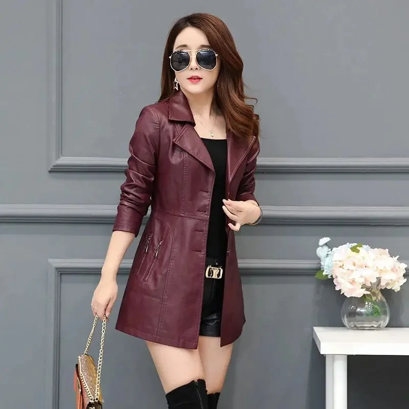 2024 New Autumn/Winter Haining Leather Coat Women's Mid length Korean Fit Thickened Women's Leather Windbreaker Coat Trendy