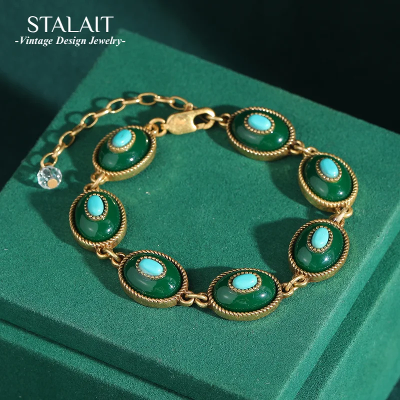 

Vintage Green Bracelets For Girl Enamel Natural Glaze Retro Blue Gold Color Crystal Beads Rhinestones Antique Jewelry Charm 2025