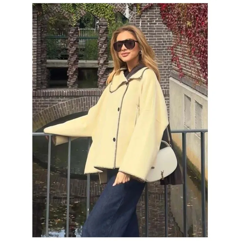 

Women High Neck Long Sleeved Jacket Autumn Single Breasted Loose Fit Lady Coats Causal Fashionable Female Chic Tops