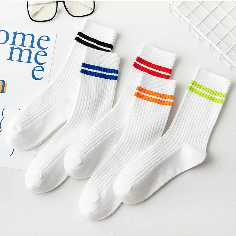 Korean White Orange Striped Socks Women Sport Socks Soft Breathable for High School Students Girls Cotton Long Socks