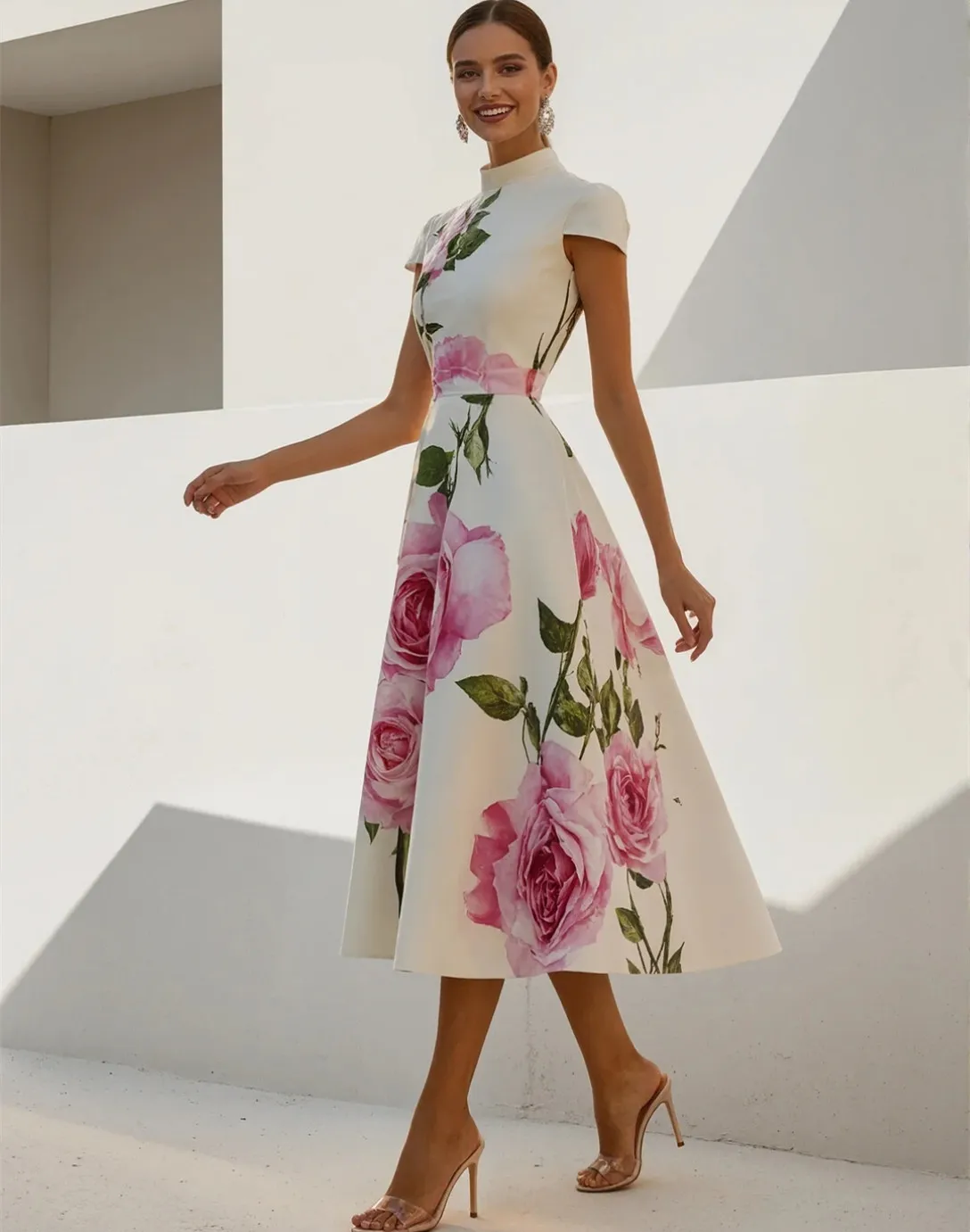 Abiti da sera corti personalizzati a collo alto con tasche Abito da ballo lungo in raso stampato a trapezio per donna