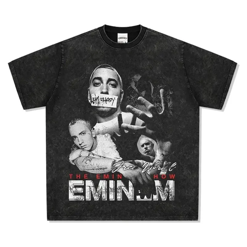 

Men's T-shirt Women's Retro Hip Hop Eminem Printed Short Sleeve T-shirt Water Washed Retro Fashion High-end Luxury Couples soft