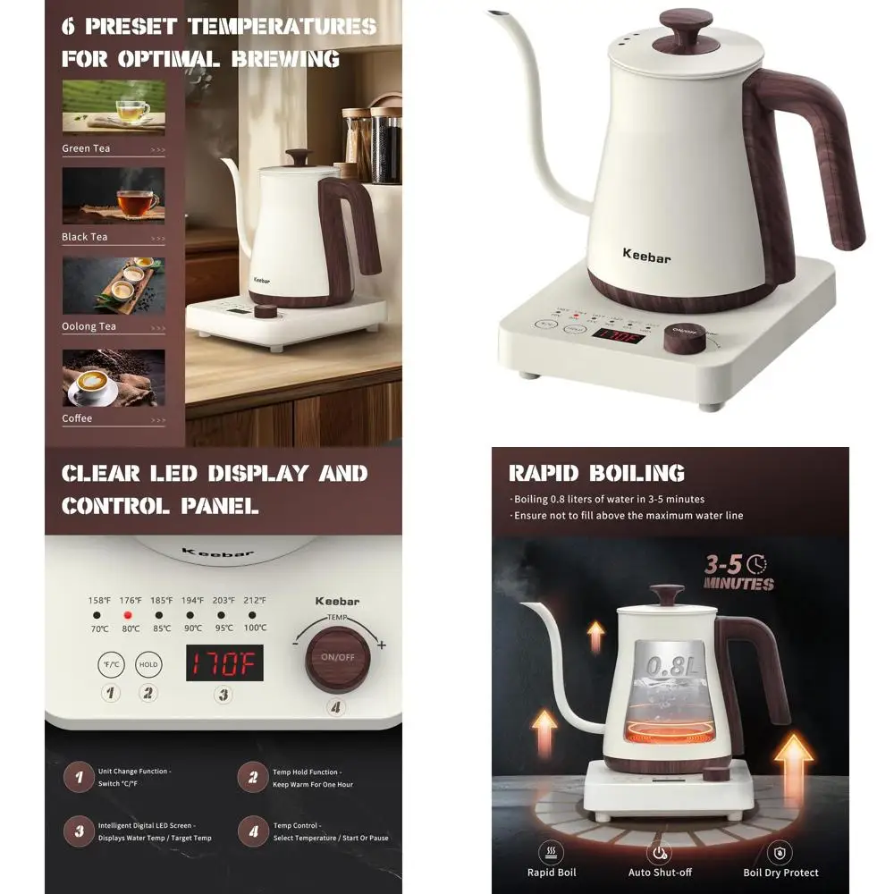 

6-Temp Gooseneck Kettle, 1000W, 0.8L, 0.8mm Spout, 304 Stainless Steel, Auto Shut-Off, Matte White