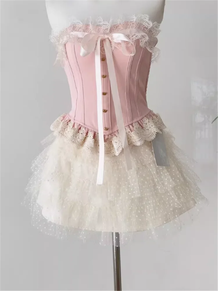 

French Lolita Girl Sweet New Summer Two Pieces Dress Sets Lace Strapless Pink Vest Top&mesh Mini Puffy Skirt 2pc Short Ball Gown