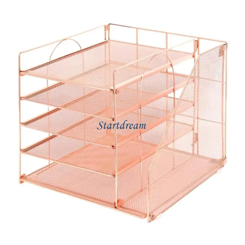 Desk Paper File Tray Organiser 5-Tiered Metal File Letter Tray With Book Rack K92C