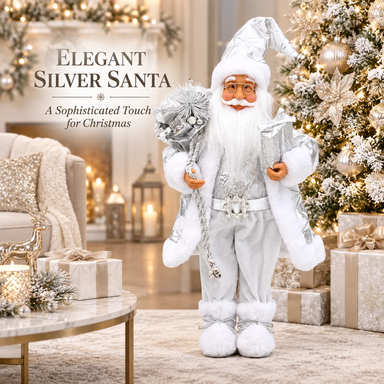 45cm Silver White Standing Santa Claus Christmas Decoration, Holiday Tabletop Mantel Shelf Ornament for Home Decor