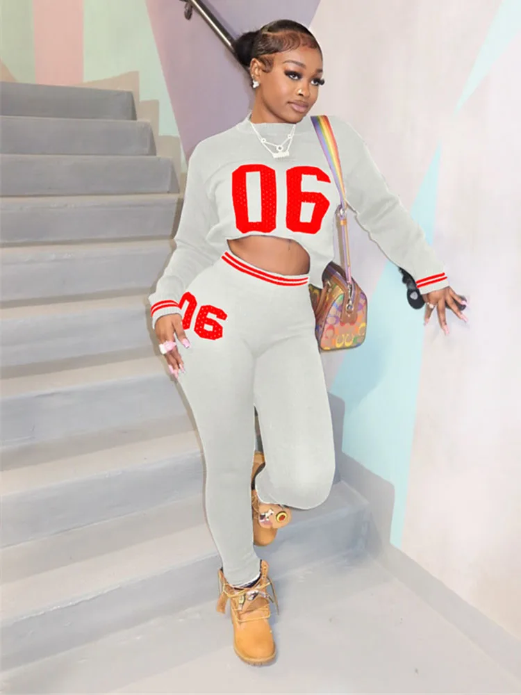 여성용 캐주얼 o넥 전체 소매 크롭탑 + 심플한 스키니 팬츠, 스포티 트렌드 의상 매칭, 이상한 고양이 숫자 프린트 2 피스 세트