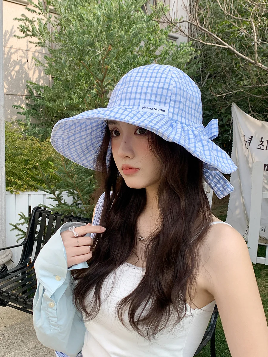 

Японская клетчатая шляпа-панама с узлом для женщин, летняя, солнцезащитная, с широкими полями, визуально стройнящая лицо, складная, повседневная