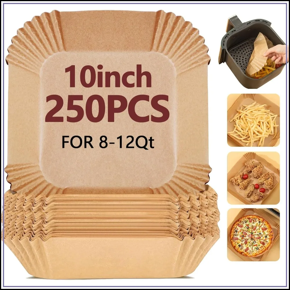 250PCS 10 Inch Air Fryer Liners Disposable Square Parchment Paper, Heat Resistant & Non-Stick, Unbleached for Air Fryer, Oven, Baking, Microwave (Bottom 8 Inch)