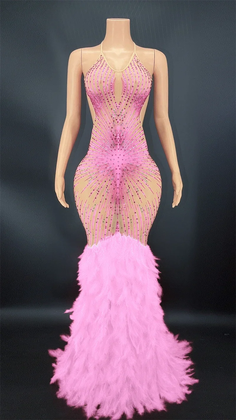 8 Color Shining Diamonds Gorgeous Feathers Sexy Backless Halter Mermaid Floor Length Evening Dress Singer Stage Show Vestido