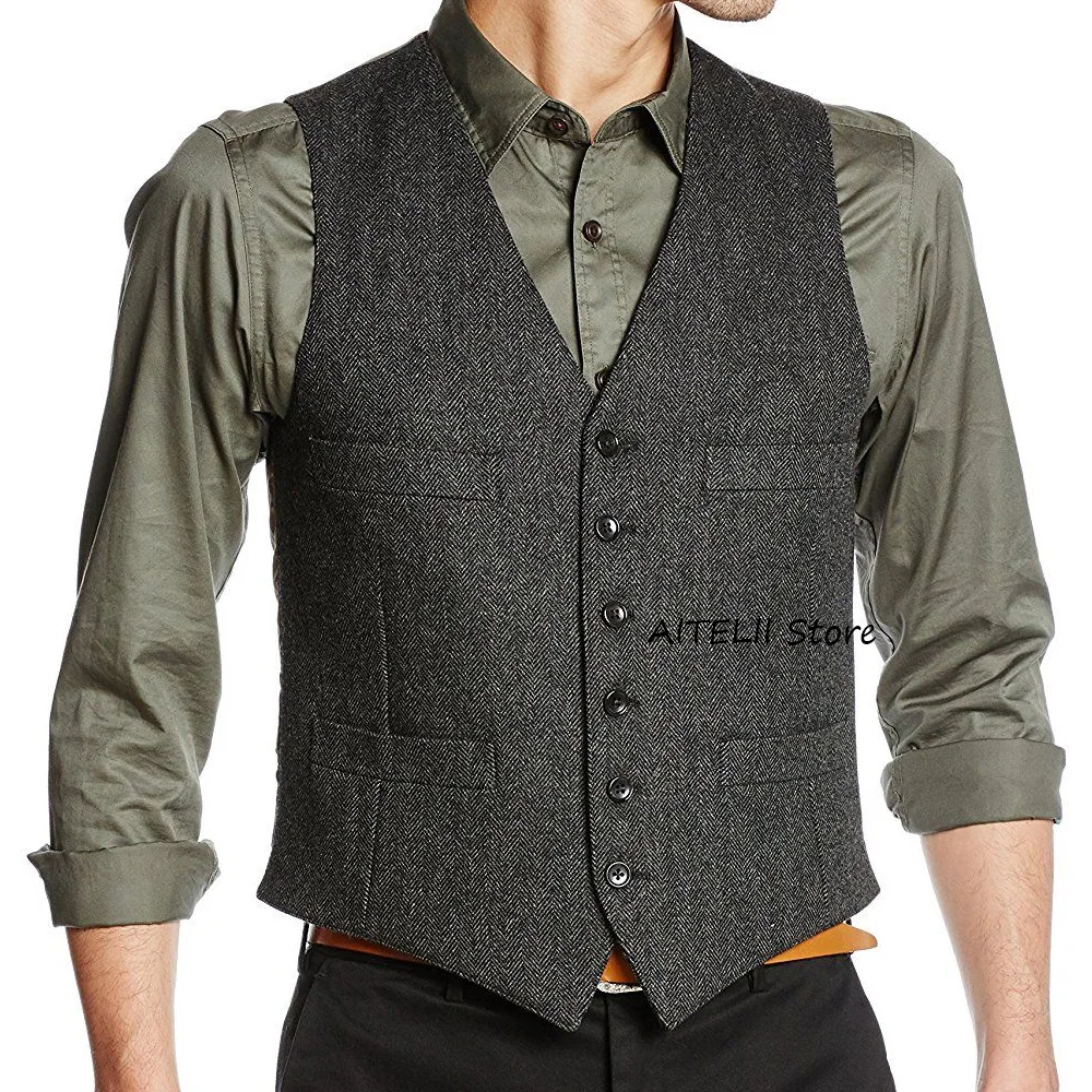 

Sleeveless Vest for Men's Suit Herringbone Fabric Casual Style Single-breasted Elegant Man Vest Welt Pockets V-neck Classic
