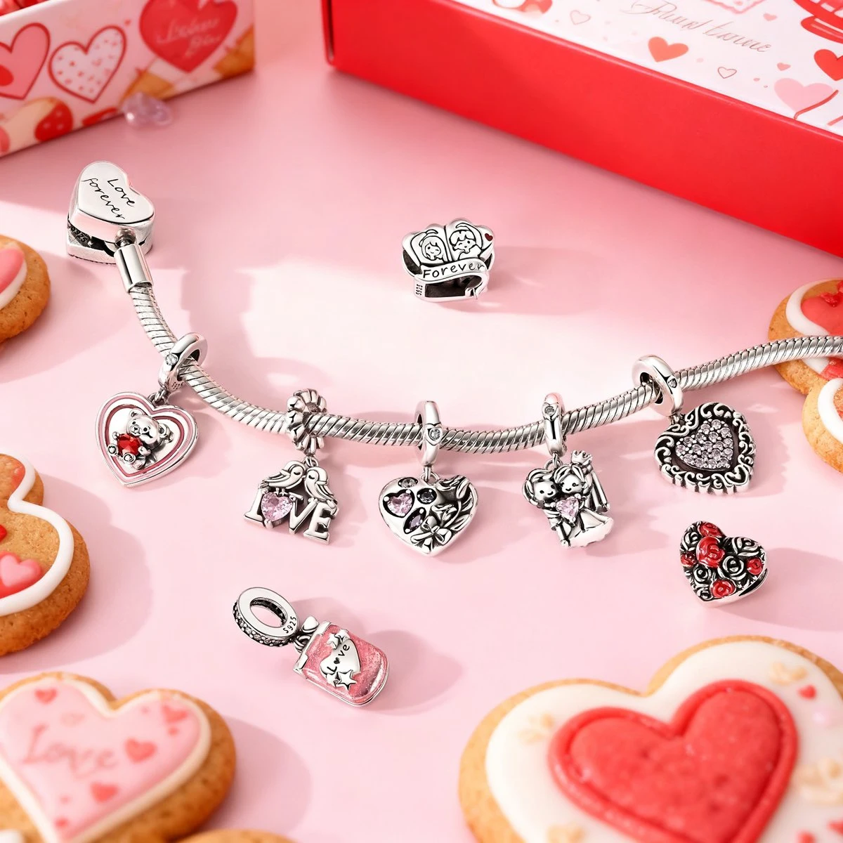 Original 925 Silver Valentine's Day Charms Bead Pendant Rose Sweet Bear Couple Charm Fit Bracelets Bangle Woman DIY Jewelry Gift