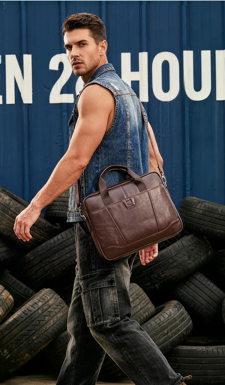 BULLCAPTAIN Men's Briefcase Bag Top Layer Leather Handcrafted Laptop Bag with Multiple Compartments Business Shoulder Messenger