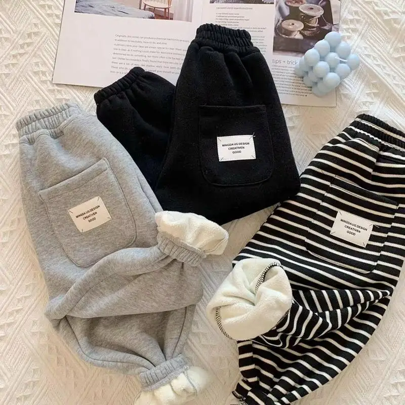 Autumn Winter Boys' and Girls' Sports Plush Pants New Korean Edition Striped Children's Pant Boys Pants Girls Winter Clothes