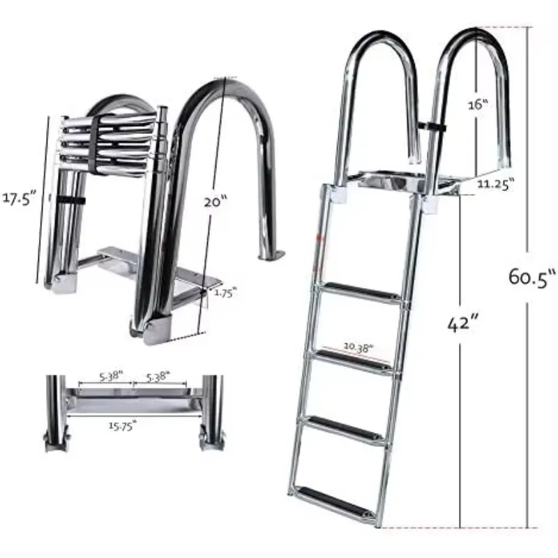 316Stainless Steel Folding Telescoping Boat Ladder for Pontoon Boats Entry Inboard Heavy Duty Wide Steps Safe Boat Accessories