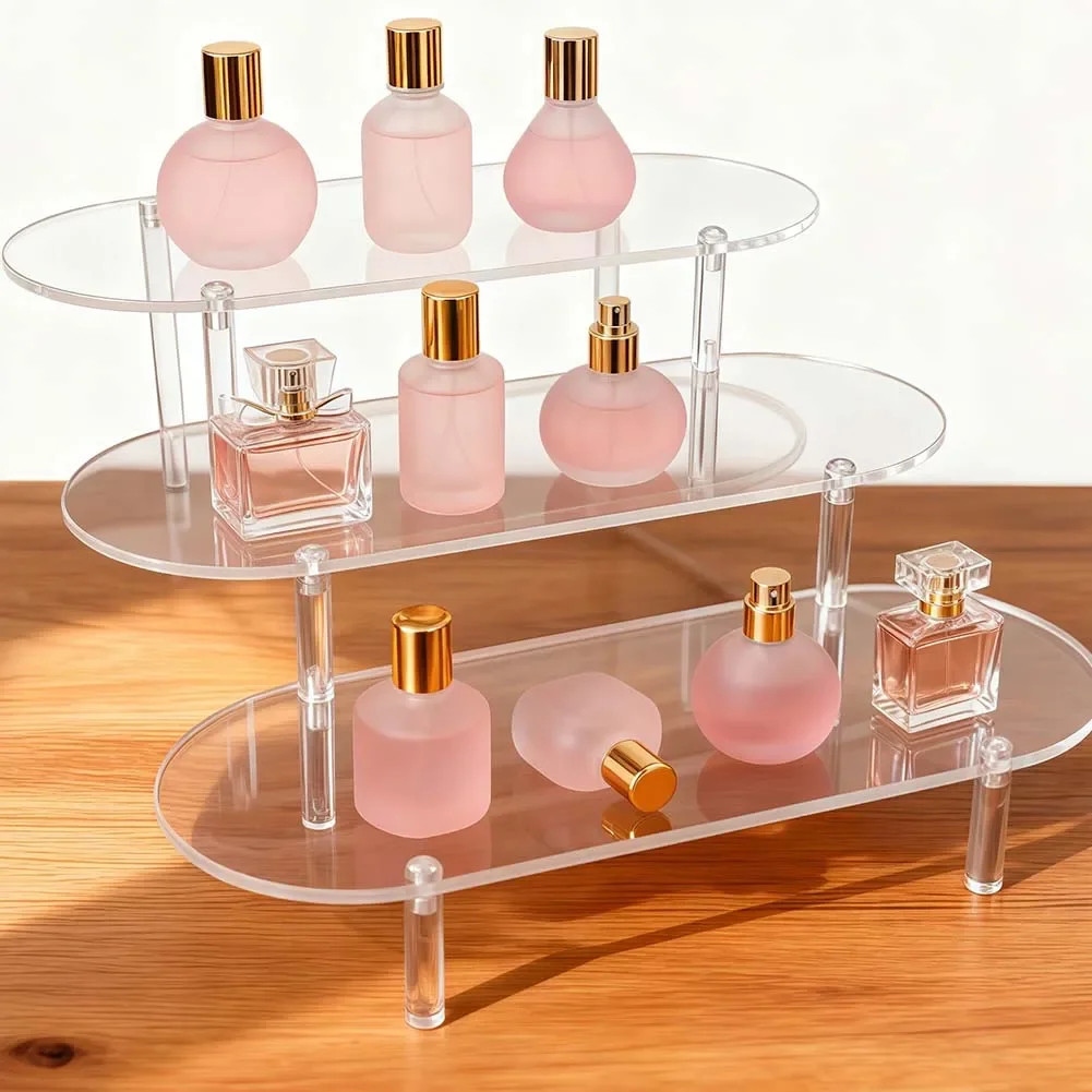 Transparent Acrylic Display Organizer 3-Tier Shelf for Showcasing Perfume Jewelry Cupcakes and Toys with Modern Minimalist Style