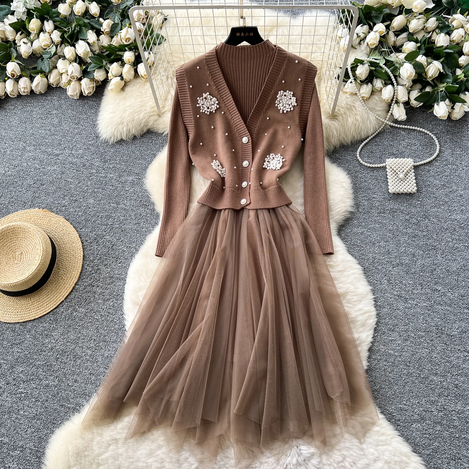 

Chic vintage long sleeve Knit mesh Beading button slim korean fashion Sundress women clothing dress Two Piece Set