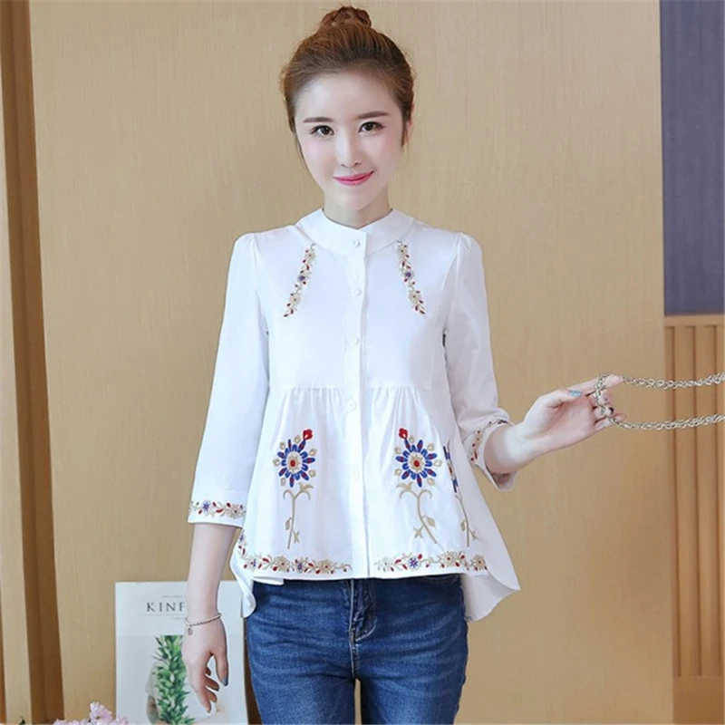 Ethnic Vintage Embroidery 100% Cotton Shirt Women Elegant Blouse Button Up Shirts Ladies Office Wear Loose Casual Tops 2022 New