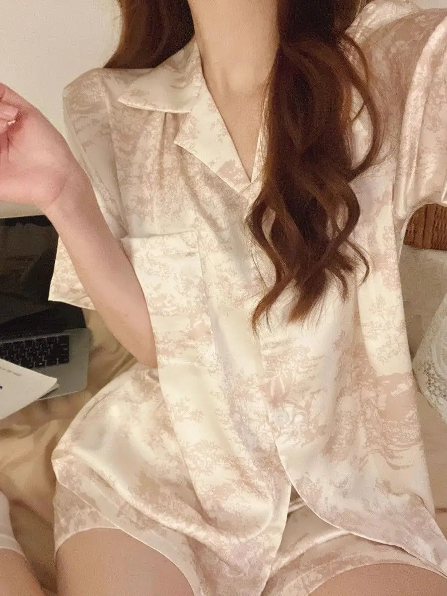 

Silk Ice Fabric Women's Summer ort Sve Thin Home Clothes Spwear round Ne Pure Color Versatile Sle Lightweight Com...