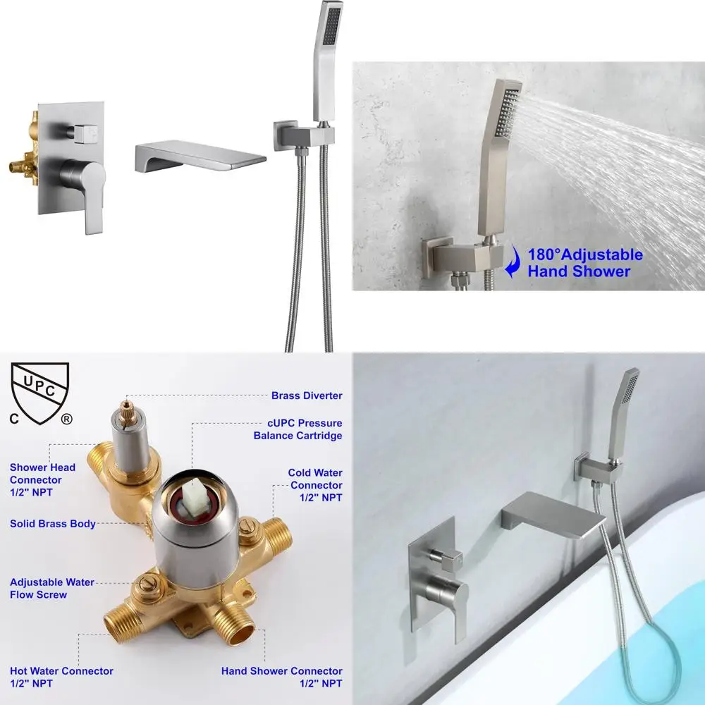 

Modern Brass Wall Mounted Bathtub Faucet with Hand Shower, Single Handle Tub Shower Faucet for Modern Bathroom Design