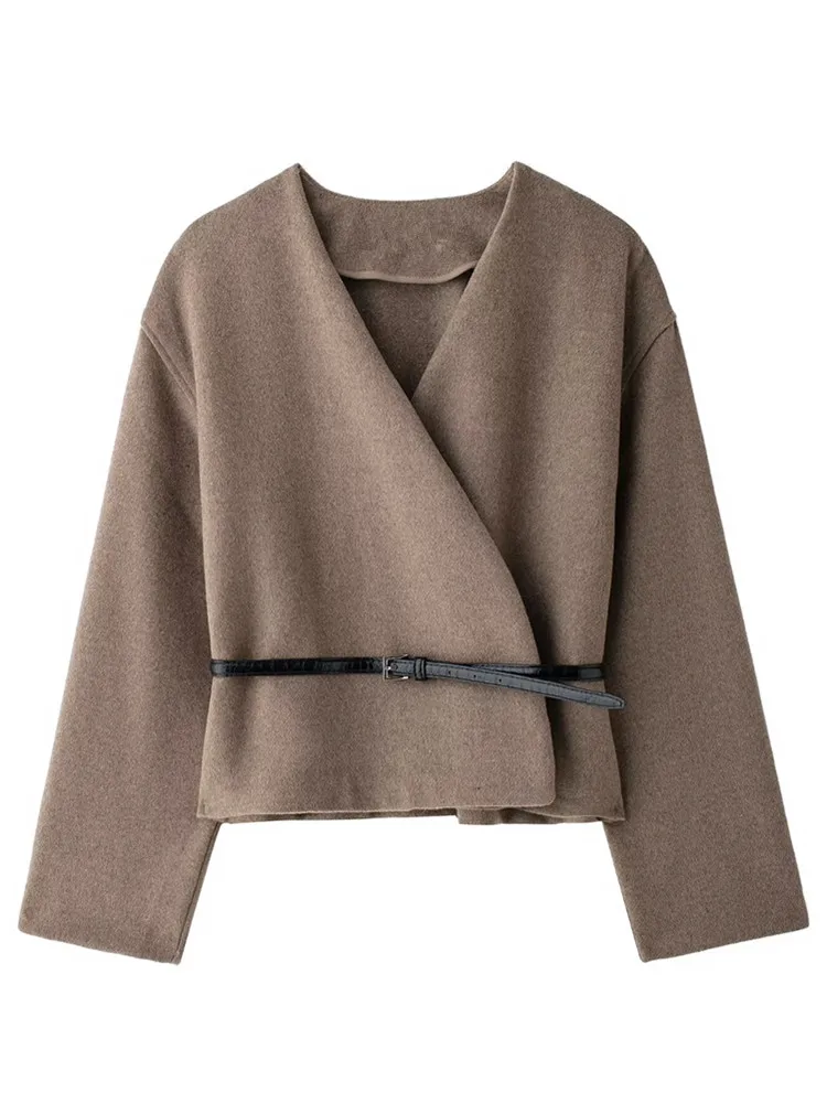 

Zevity Women Cross V Neck Open Stitching Belt Design Casual Woolen Coat Ladies Autumn Winter Long Sleeve Chic Jacket Tops CT9455