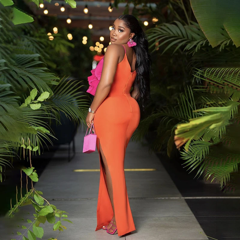 2023 New Fashion Orange Color Women Sleeveless Sexy V-Neck Ruffles Bodycon Mid-calf Bandage Dress Birthday Celebrate Party Dress