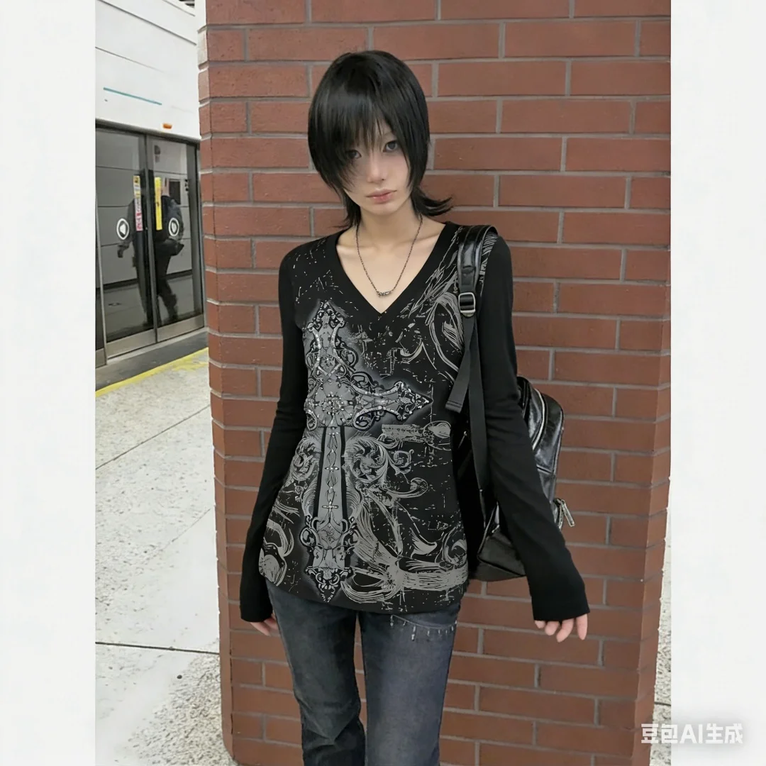 Retro และ Modern Subculture Gothic เสื้อ Harajuku แขนยาวเสื้อยืดผู้หญิง Y2K เสื้อผ้าเสื้อ Punk Emo Top Street