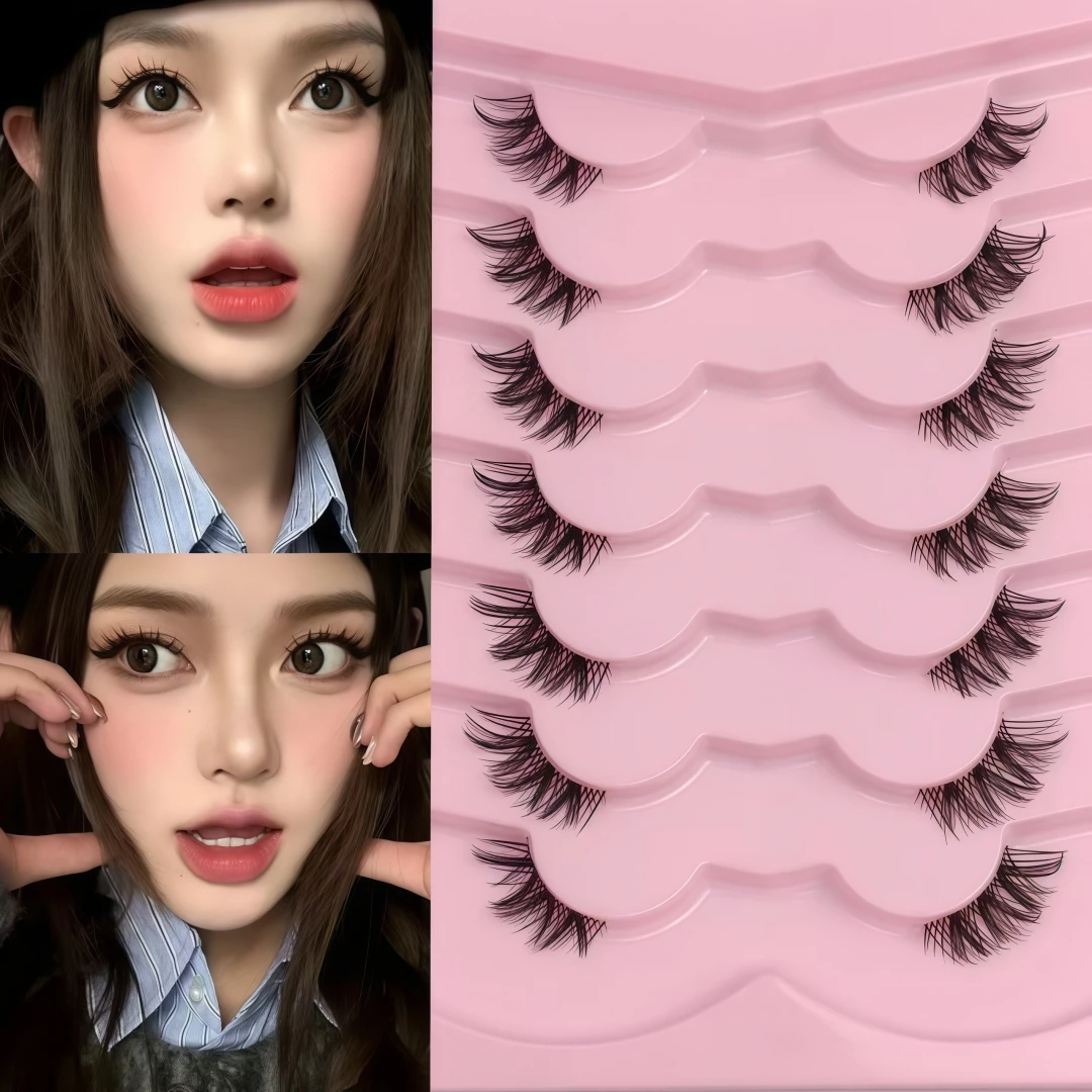 7 Paar thailändische Halbstreifen-Wimpern im Little Devil-Stil, transparentes Band, einteilig, natürliche Wimperntextur, kamerafreundlich, vollflächig