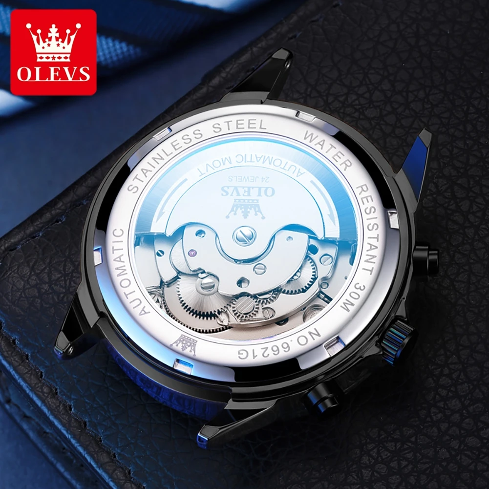 OLEVS الأسود الصلب الرجال توربيون ساعة ميكانيكية مقاوم للماء مرحلة القمر التلقائي ساعة معصم الرجال العلامة التجارية الأعلى الساعات الأصلية #5