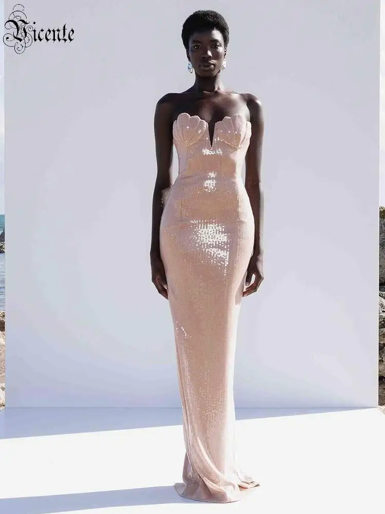 

VC Nude Sequin Strapless Maxi Dress Women's Sweetheart Neckline Bodycon Evening Gown Sparkly Formal Dress For Prom Vestidos