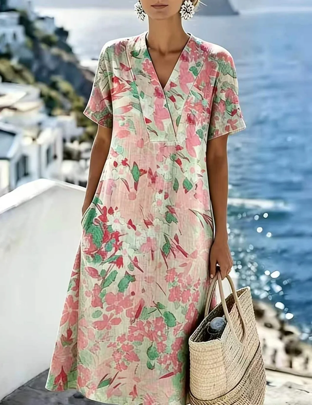 Pink-Green Watercolor Floral V-Neck Short-Sleeved Mid-Length Dress, with Pink-Green Contrasting Watercolor Floral Prints, Fresh and Healing, with a Sense of Vacation Vibes