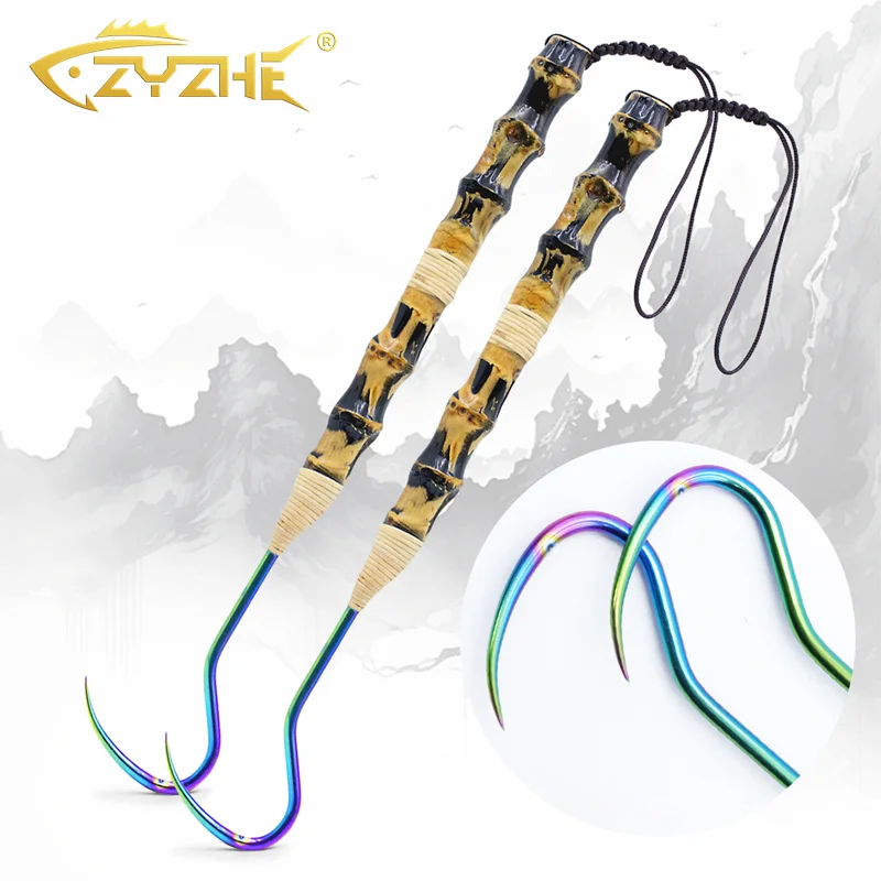 ZYZ Fishing Gaff Stainless Steel Plated Titanium Alloy with Natural Bamboo Handle Ice Fishing Hook Fork Fishing Tool