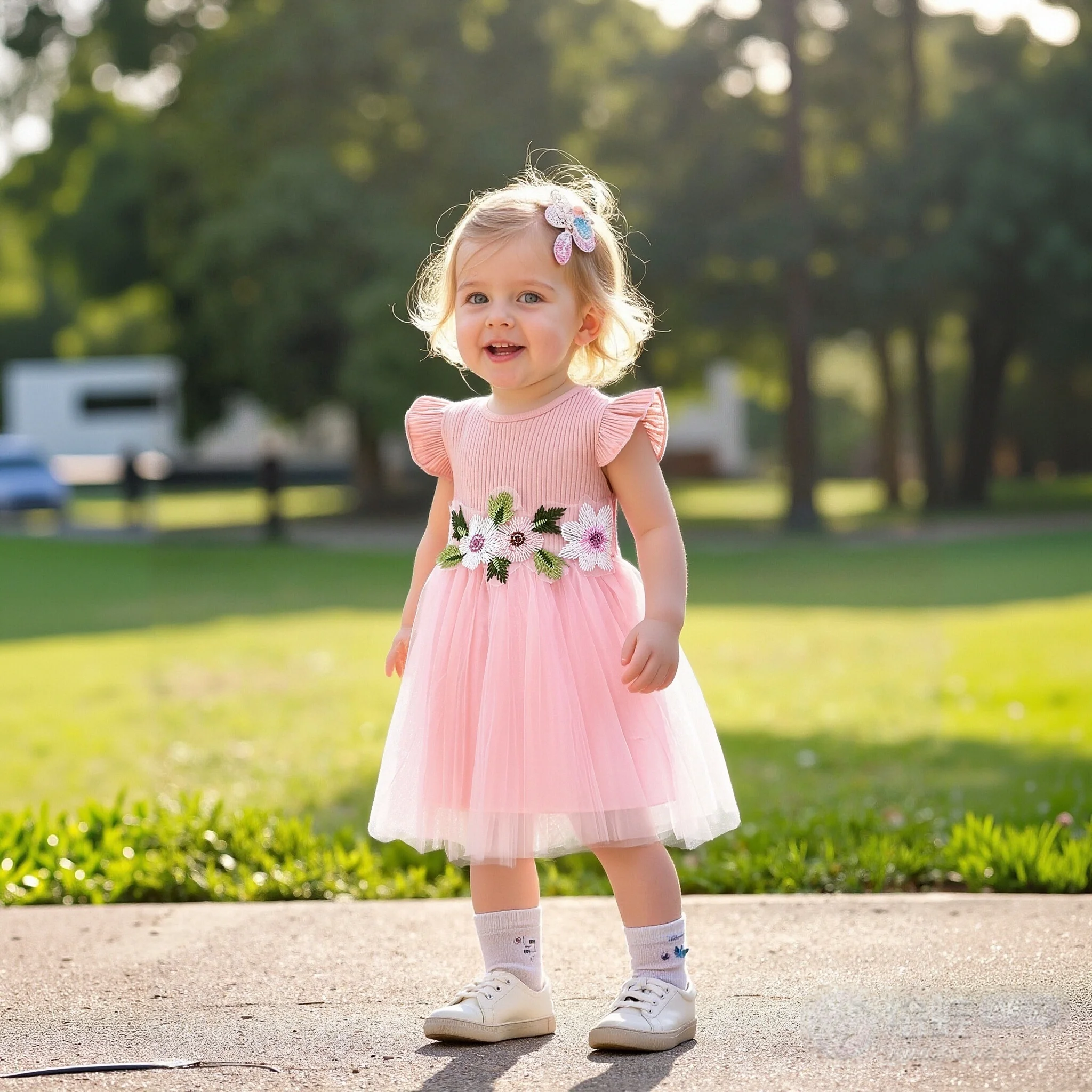 

Baby Girl Dress Summer Mesh Fluffy Flower Embroidery Girl Dresses Solid Color Sweet Princess Dress Birthday Party Dress
