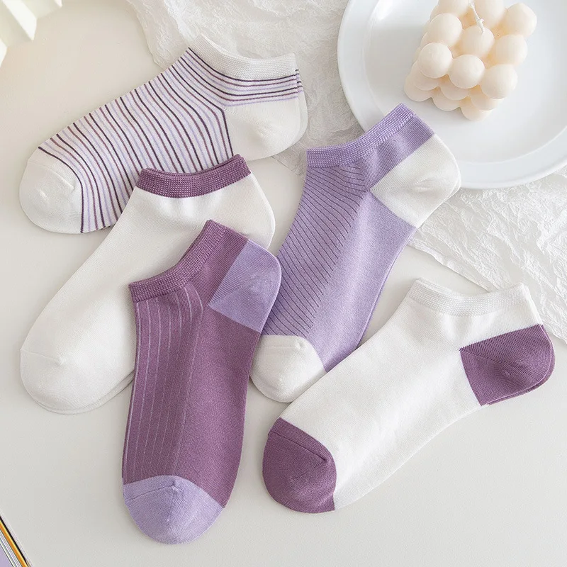 5 Pairs/lot Cotton Elegant Vintage Purple Women Girls Short Socks Harajuku Novelty Female Funny Happy Cute Ankle Sox Autumn