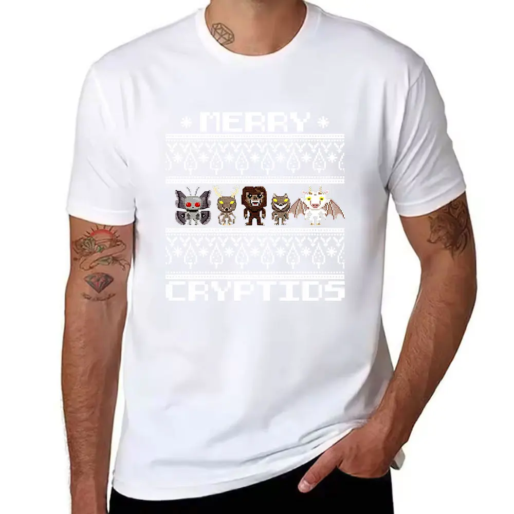 Men's Cotton T-Shirt with Pixel Style Cryptid Creatures Print, Casual Short Sleeve Tee for Mythical Monster Fans