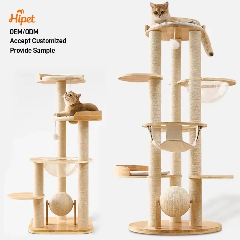 Multi Platform Solid Wooden Frame Pet Scratching Board Paper Rope Pole Sisal Post Rubber Wood Cat Tree Tower for Cats