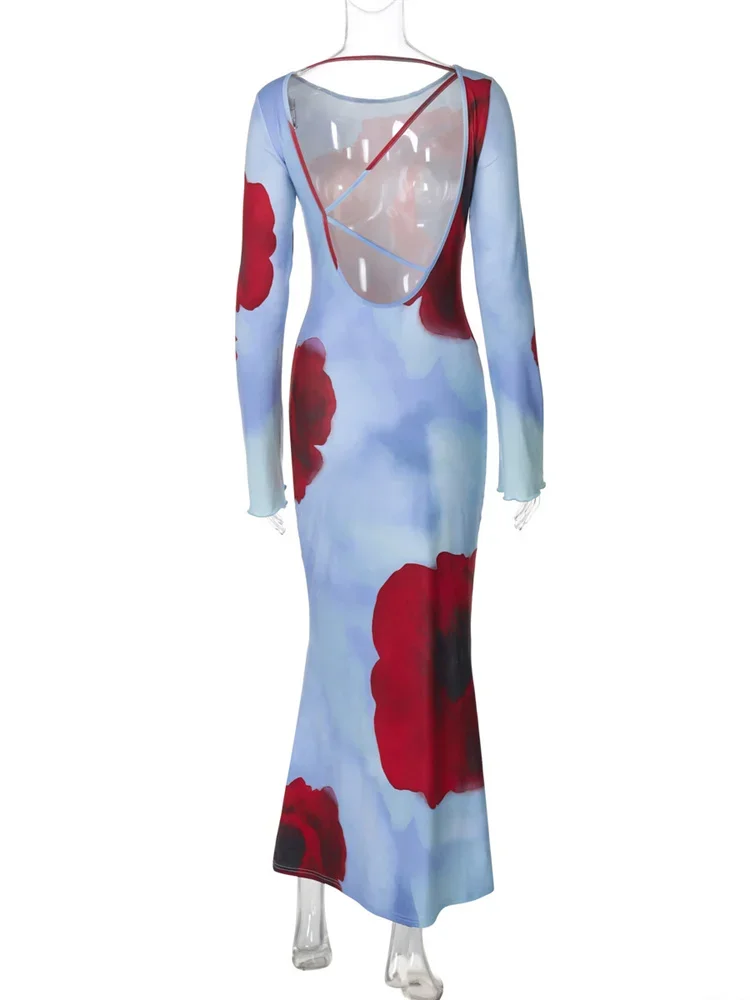 Autumn Printed Backless Long Dress Women's Patchwork High Waist Long Sleeve Contrast Sexy Dress Female Casual Maxi Dress