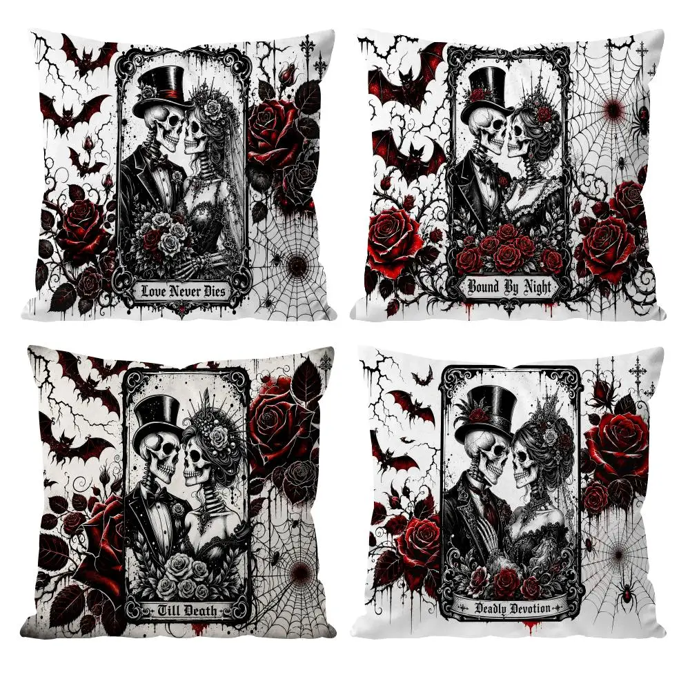 Halloween Skeleton Bride Cushion Cover Double-Sided Plush Sofa Cushion Covers Organic Breathable Invisible Zipper