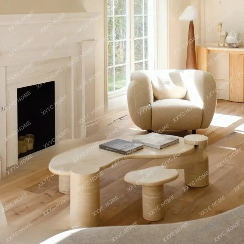 

Natural Roman travertine special-shaped coffee table combination living room coffee table