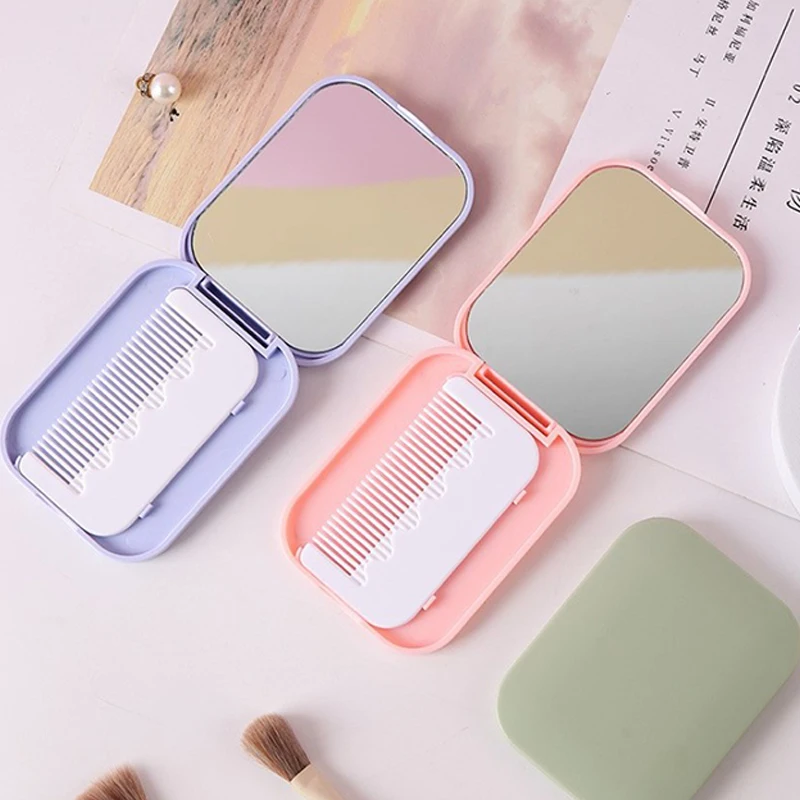 Cute Macaron Candy Color Portable Mini Handheld Folding Makeup Mirror With Comb Durable Gift Student Beauty Tools