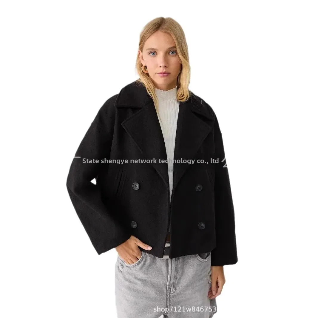 2024 New Style Women's Woolen Cropped Jacket Overcoat Thickened Long Sleeve Lapel European And American Style Clothing In Stock