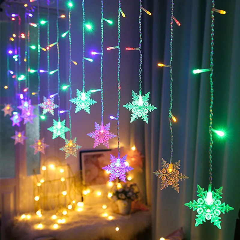 EU Plug Snowflake LED String Lights New Year Christmas Garland Home Eave Wedding Party Indoor Garden Decoration Holiday Light