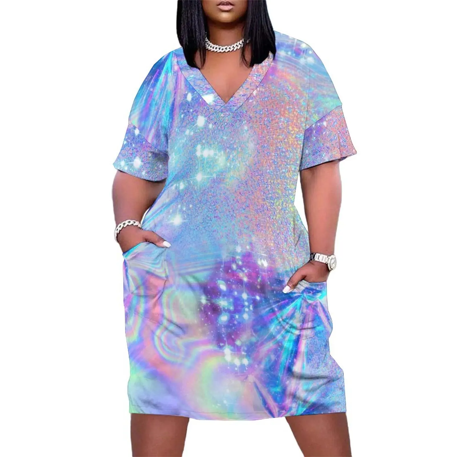 

Sparkly Rainbow Holographic Pattern Loose Pocket Dress Elegant gown Woman clothing Women's dress Elegant gowns