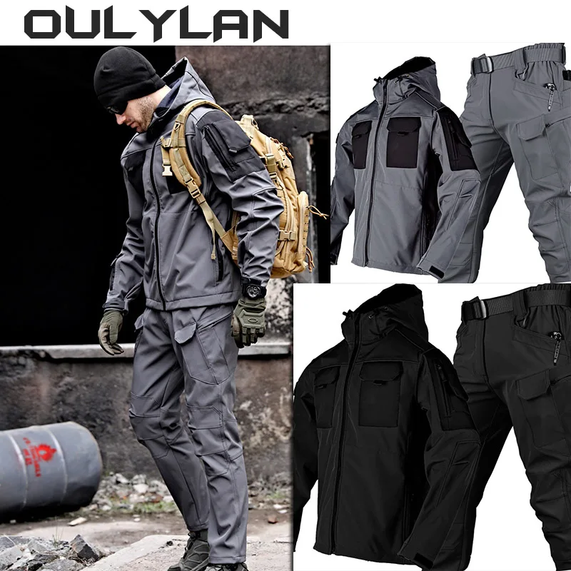 Tactical Jackets Men Shark Skin Soft Shell Multi-pocket Hooded Jacket Waterproof Outdoor  Wear-resistant Cargo Coat