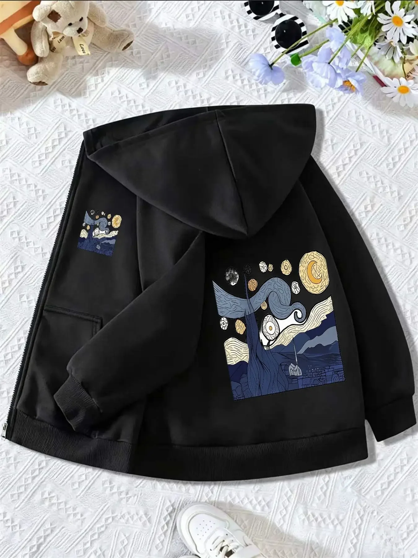 Kids Van Gogh Starry Night Art Print Zip Up Hoodie Famous Painting Blue Swirl Sky Graphic Casual Kids Jacket
