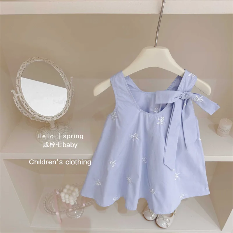 

Girl Dress Summer Blue Skirt Baby Girl Cute Ballet Bow Girls Vest Dress Western Summer 2024 New Girls Baby Princess Dress