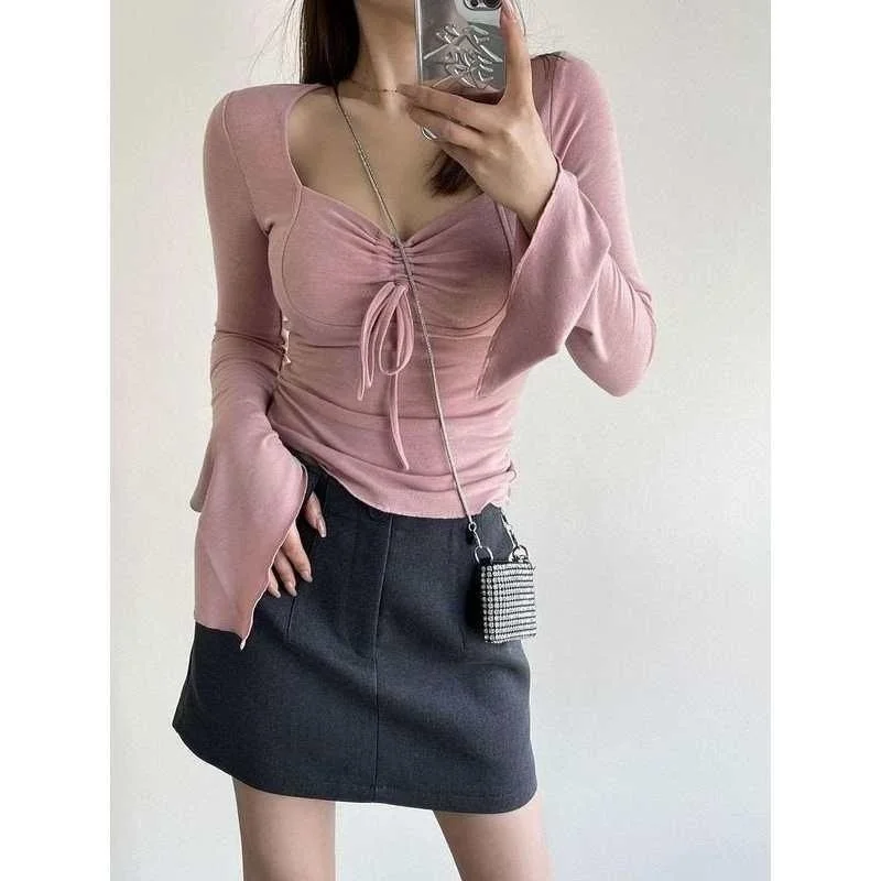 

Женская вязаная блузка Zichuan с длинным рукавом, эластичная, повседневная, подчеркивающая фигуру, ультракороткая, однотонная футболка