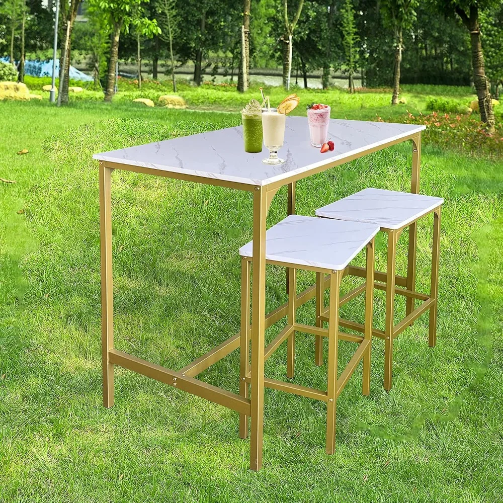 Set Meja Bar AT-VALY 5-Piece dengan 4 Kursi, Furnitur Ruang Makan, Desain Ringkas dalam Warna Emas dan Putih