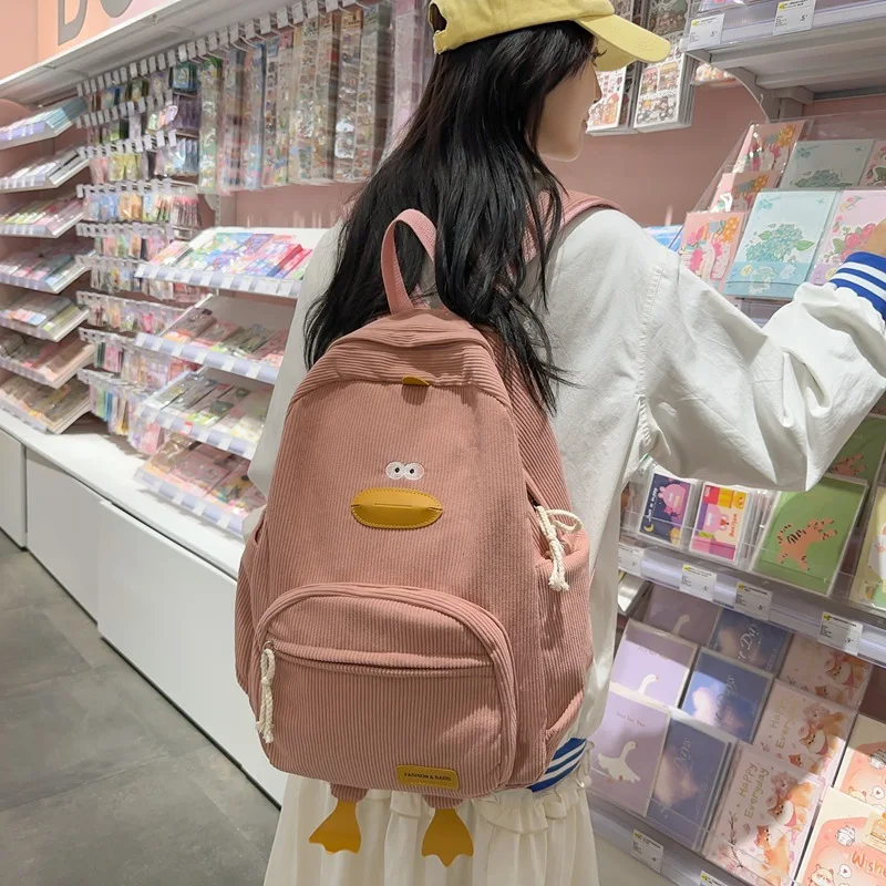 Teen Girls Schoolbag Cartoon Duck Cute Backpack Casual Corduroy School Backpack for College Students Shoulders Laptop Backpacks