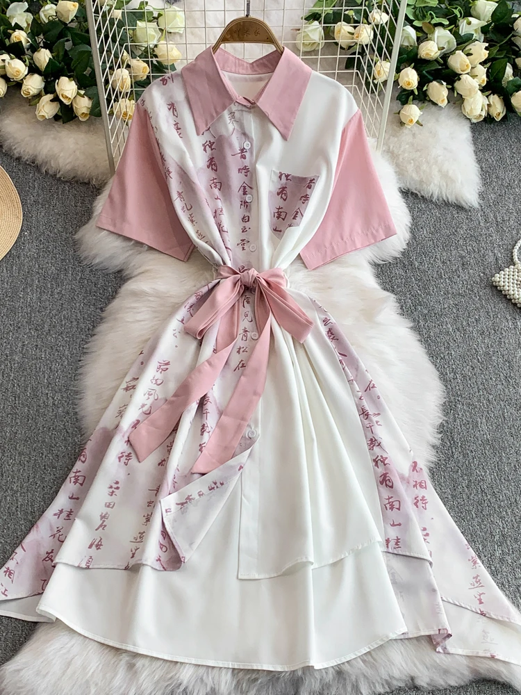 فستان صيفي نسائي جديد بتصميم صيني مع طباعة زهور وياقة مقلوبة وأكمام قصيرة، فستان طويل غير متماثل يبرز الخصر ويمنح مظهراً نحيفاً #3